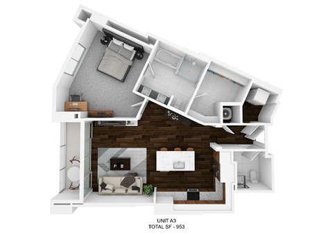Floor plan for 1 bed, 1.5 baths, 953 sqft